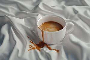 Spilled coffee in white cup on soft fabric background photo