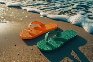 Vibrant orange and green flip flops on sandy beach with gentle waves photo