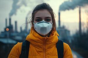 Young woman wearing a protective mask against pollution in a city with industrial plants photo