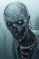 Creepy and realistic zombie character in foggy atmosphere photo