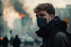 Young man wearing a black mask walking in a city amidst smoke and fire from a building photo