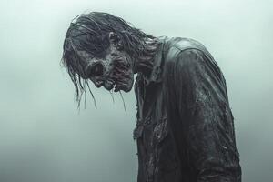 Creepy zombie with disheveled hair and decaying skin in a foggy atmosphere photo