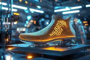 Futuristic 3d printed shoe with electronic elements in high-tech manufacturing environment photo