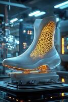 Futuristic 3d printed boot design with illuminated honeycomb structure in modern lab photo