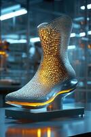 Futuristic silver boot sculpture with illuminated base in modern industrial setting photo