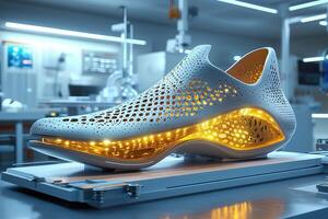Futuristic 3d printed shoe design with led lights in modern laboratory setting photo