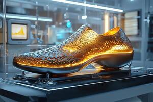 Futuristic golden shoe design with hexagonal pattern displayed in high-tech environment photo