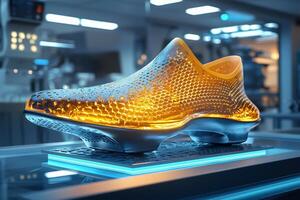 Futuristic orange sneaker design glowing in a high-tech laboratory setting photo
