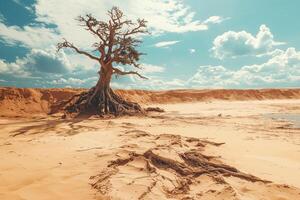 Lonely desert tree with exposed roots against a dramatic sky photo