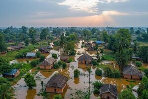 Aerial view of flooded village with houses partially submerged in water under cloudy sky photo
