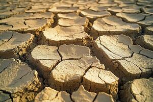 Close-up of cracked dry earth surface indicating drought and arid conditions photo