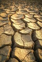 Cracked soil surface under drought conditions in golden light photo