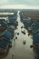 Aerial view of houses submerged in floodwaters with people navigating in boats photo