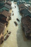 Aerial view of boats on a flooded street in a traditional village photo