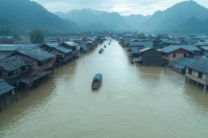 Aerial view of flooded village with houses on stilts and boats on muddy water photo
