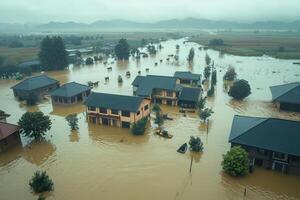 Aerial view of submerged houses amidst widespread flooding in rural landscape photo