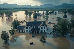 Aerial view of a flooded countryside with submerged houses and livestock during a natural disaster photo