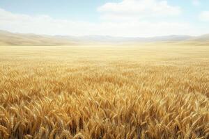 Golden wheat field under blue sky with clouds in rural landscape photo
