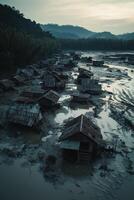 Abandoned village amidst flooded landscape at dusk photo