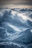 Dynamic sea waves crashing against icy shoreline under dramatic sky photo