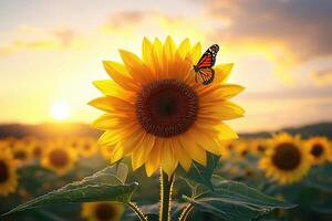 Vibrant sunflower bloom with butterfly against a golden sunset backdrop photo