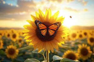 Monarch butterfly resting on bright sunflower in a golden field during sunset photo