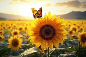 Close-up of a vibrant sunflower with a butterfly perched on its petal under a golden sunset photo