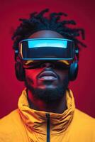 Man wearing virtual reality headset with vivid red background and yellow jacket photo