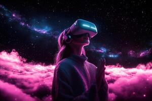 Young woman in vr headset exploring a cosmic universe with colorful clouds and starry background photo