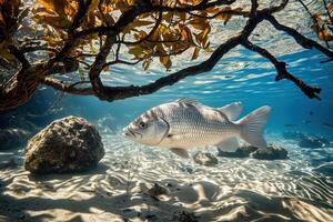 Underwater scene with a silver fish swimming near rocks and aquatic plants photo