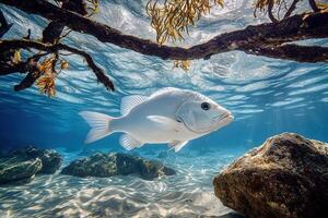 Underwater scene featuring a white fish swimming among rocks and seaweed in a clear blue ocean photo