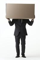 Businessman in suit holding large cardboard box above head isolated on white background photo