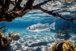 Underwater scene of a fish swimming near rocks and roots in a clear blue lagoon photo