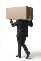 Businessman carrying a large cardboard box on his shoulders in a suit photo