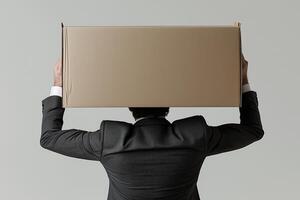 Businessman in suit carrying large cardboard box on head conceptual image of burden and responsibilities photo
