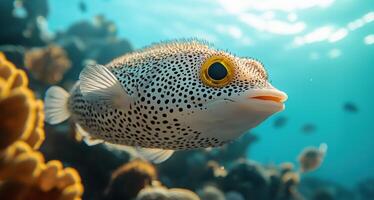 Close-up of a colorful pufferfish swimming among coral reefs in tropical waters photo