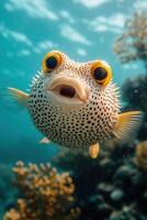Close-up of a curious pufferfish swimming through vibrant coral reef photo