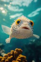 Close-up of a vibrant spotted pufferfish swimming in clear blue ocean waters photo