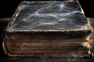 Old, dusty book covered in cobwebs on a dark wooden surface photo