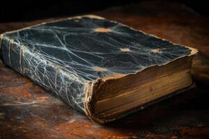Old vintage leather-bound book with distressed cover and worn pages on rustic surface photo