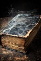 Ancient book covered with cobwebs resting on a wooden table photo