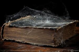 Old, dusty book covered in cobwebs, symbolizing knowledge forgotten over time photo