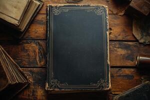 Vintage hardcover book with decorative gold details on rustic wooden table photo