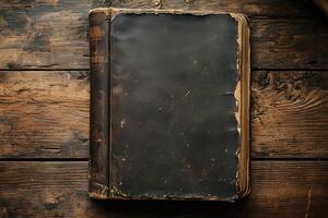 Vintage leather-bound book with worn cover on rustic wooden surface photo