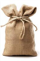 Hessian burlap sack with tied rope, ideal for storage and decorative purposes photo