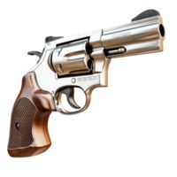 Shiny silver revolver with a wooden grip handle png