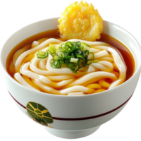 Steaming bowl of udon noodles with tempura topping png