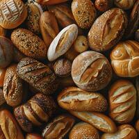 Assorted breads display on table with singleorigin coffee and natural foods photo