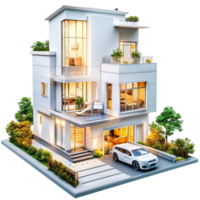 Luxurious house with large windows and lush greenery png