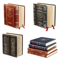 Stack of bound books with intricate gold detailing and bookmarks png